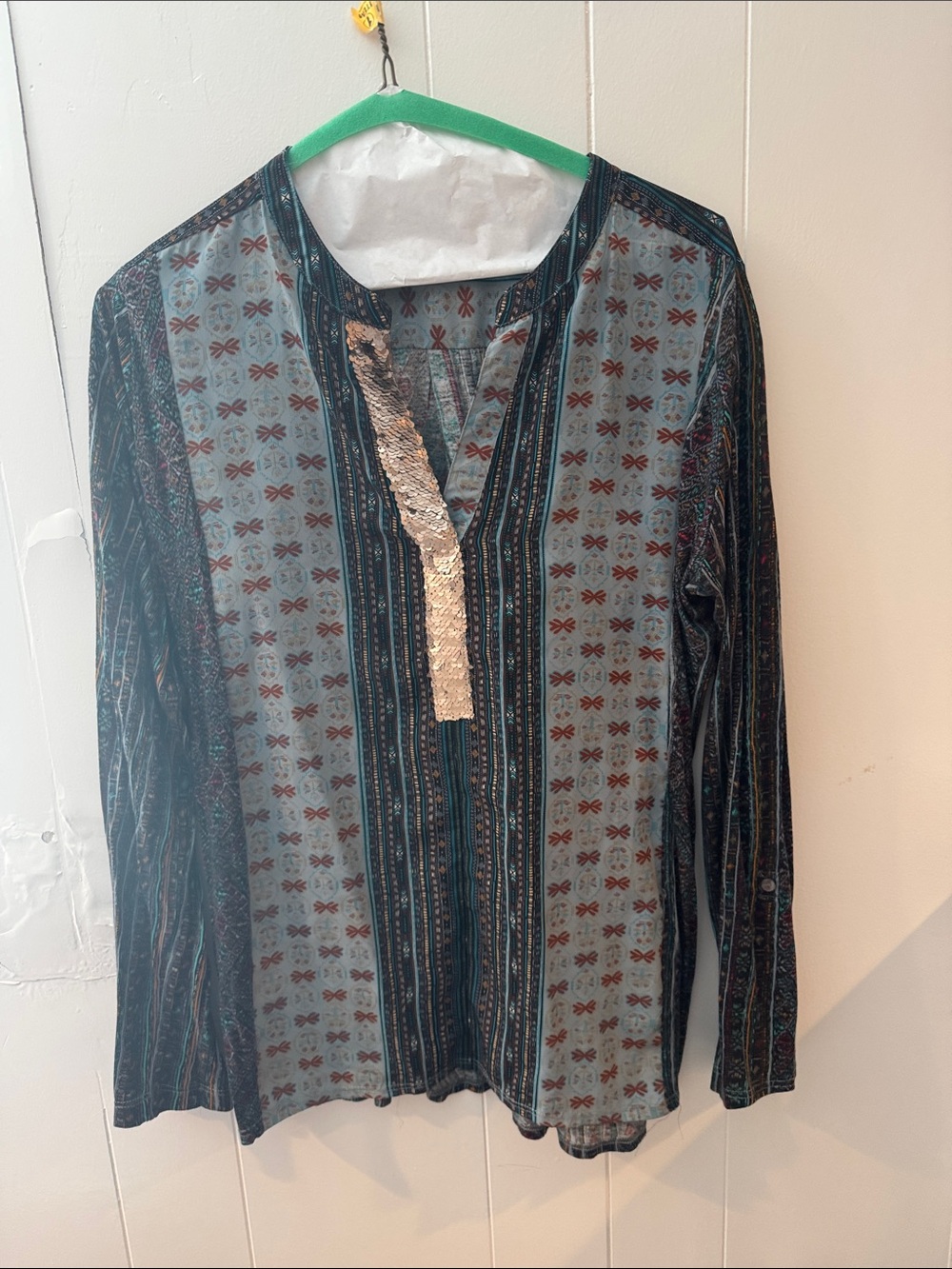 Boho V-Neck Tunic with Sequin Placket - Blue
